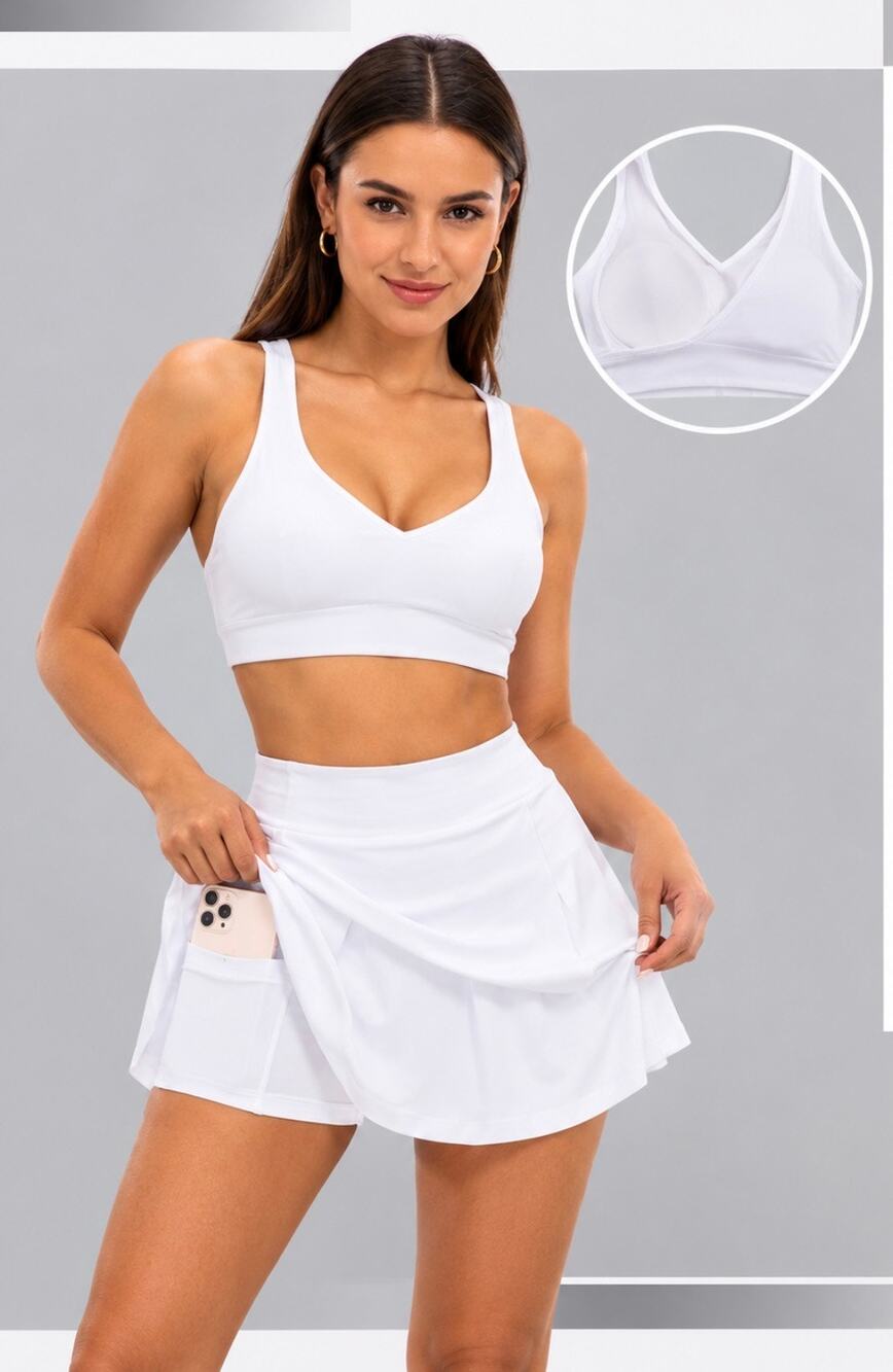 Women’s White Athletic Skort Set with Built-In Shorts & Phone Pocket